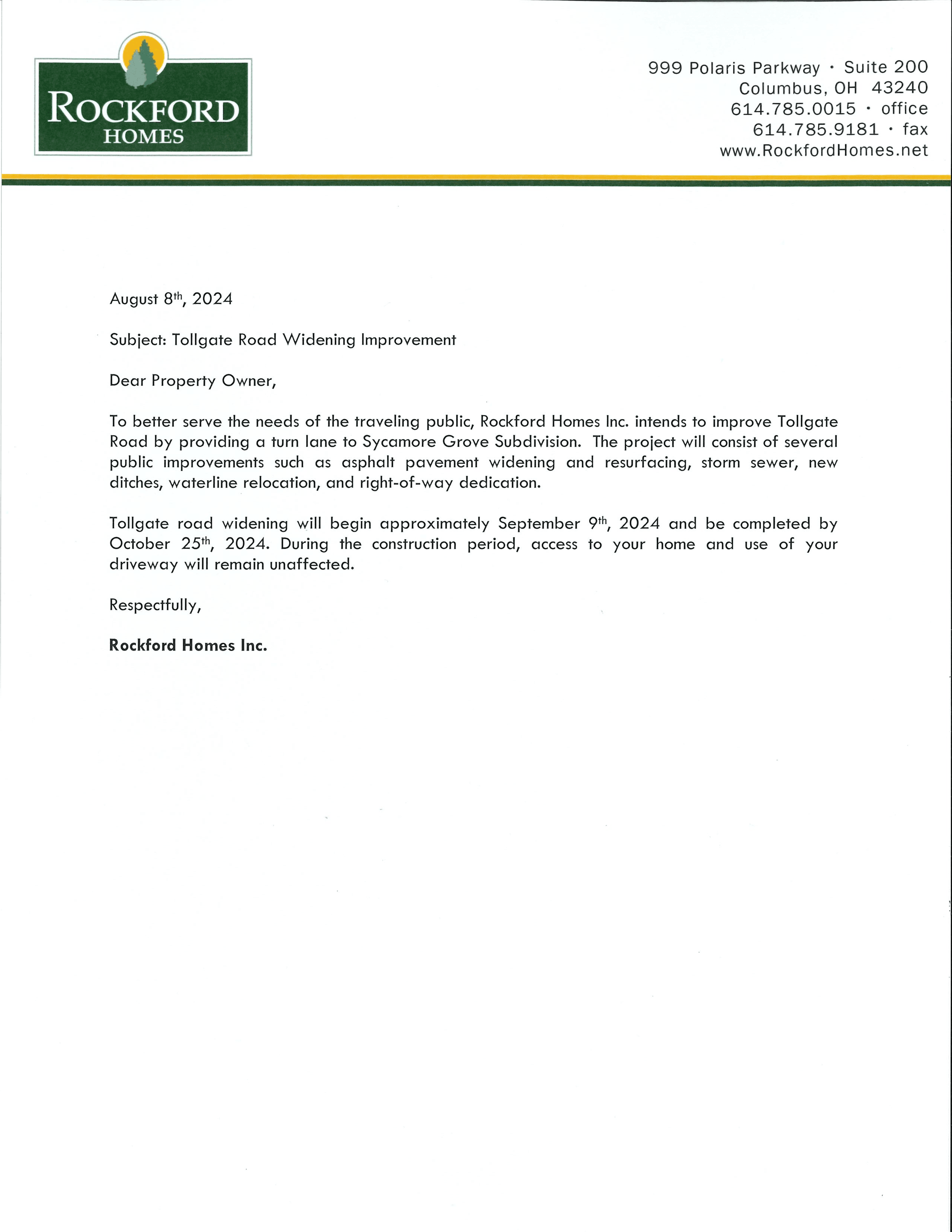 Tollgate Rd Widening Resident Letter